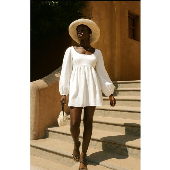 Reformation XL Ramone Babydoll 100% Linen Mini Dress Long Sleeve Fit&Flare White - Picture 1 of 10